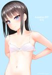  asashio_(kantai_collection) bad_id bad_twitter_id black_hair blue_background blue_eyes blush bow bow_bra bra character_name collarbone commentary_request dated eyebrows_visible_through_hair flat_chest kantai_collection kanzaki_muyu long_hair navel simple_background solo twitter_username underwear underwear_only undressing upper_body white_bra 