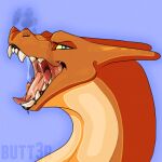 ambiguous_gender bared_teeth bodily_fluids butt3r charizard dragon drooling feral generation_1_pokemon grin headshot_portrait icon nintendo open_mouth pokemon pokemon_(species) portrait reptile saliva scalie smile tongue