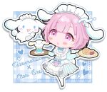  1girl :o animal animal_ears black_outline blue_dress blush_stickers cake character_name chibi cinnamoroll cup dog dog_ears dog_tail dress food fruit heart holding holding_plate maid maid_headdress ootori_emu open_mouth outline pink_eyes pink_hair plate project_sekai sanrio solo strawberry tail toro_ro_oekaki 