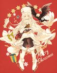  azur_lane bag bald_eagle bird black_legwear blush box christmas coat eagle earmuffs enterprise_(azur_lane) floating_hair gift gift_box gloves hat heart-shaped_box highres holding holding_gift long_hair merry_christmas pom_pom_(clothes) purple_eyes red_background ribbon scarf silver_hair sitting skates smile snowflakes solo star stuffed_deer white_footwear white_gloves white_hat winter_clothes winter_coat y_o_u_k_a 