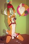  2017 anthro arms_above_head backsack balls bdsm blush bound bow cervine christmas_lights cum cum_in_mouth cum_inside cum_on_chest cum_on_face erection fucked_silly hands_tied harness horn jingle_bells kihu kneeling legs_tied male mammal penis reindeer solo 