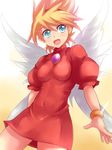  angel_wings blonde_hair blue_eyes breasts breath_of_fire breath_of_fire_iii brooch covered_navel dress hairband jewelry kitayama_miuki medium_breasts nina_(breath_of_fire_iii) open_mouth short_hair smile solo tongue white_wings wings 