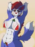 abs absurd_res anthro arm_tuft biceps big_breasts big_butt blue_body blue_fur blush breasts butt canid canine cheek_tuft christmas christmas_clothing cleavage clothed clothing facial_tuft female front_view fur gradient_background hair hi_res holidays lariet_krieger looking_at_viewer mammal maned_wolf muscular muscular_female nipple_outline panties red_hair simple_background small_clothing solo thick_thighs tuft underwear wide_hips zielenwuff