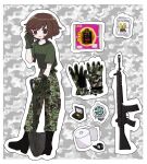  1girl akiyama_yukari black_footwear boots brown_eyes brown_hair camouflage camouflage_gloves camouflage_pants girls_und_panzer gloves green_shirt gun highres holding holding_shovel messy_hair open_mouth pants ri_(qrcode) shirt short_hair short_sleeves shovel solo standing sweat toilet_paper weapon 