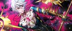  armor black_bodysuit bodysuit cape closed_mouth dutch_angle fate/apocrypha fate_(series) gem green_eyes hair_between_eyes highres jewelry karna_(fate) looking_at_viewer male_focus necklace silver_hair single_earring solo spikes tenobe upper_body 