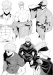  1boy abs back bandage_over_one_eye bandages blindfold ccccc_(jpn_m0) closed_mouth gojou_satoru greyscale highres jacket japanese_clothes jujutsu_kaisen kimono large_pectorals male_focus monochrome multiple_views muscular muscular_male navel pants pectorals round_eyewear shirt short_hair simple_background smile squatting sunglasses 