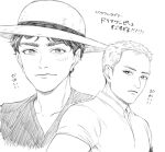  2boys commentary_request frown hage_tashuumi hat hatching_(texture) highres male_focus monkey_d._luffy monochrome multiple_boys one_piece one_piece_(live_action) roronoa_zoro scar scar_on_cheek scar_on_face shirt smile sun_hat t-shirt translation_request 