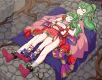  2girls blanket cape dual_persona fire_emblem fire_emblem:_mystery_of_the_emblem fire_emblem_awakening green_hair highres hug igni_tion in-franchise_crossover lying multiple_girls on_back red_footwear sleeping sleeping_on_person smile sunlight tiara tiki_(adult)_(fire_emblem) tiki_(fire_emblem) tiki_(young)_(fire_emblem) 