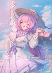  1girl absurdres arm_up bag blue_sky caisena chinese_commentary closed_eyes cloud coat collared_shirt commentary_request cowboy_shot elysia_(honkai_impact) hand_up hat hat_ribbon highres holding holding_bag honkai_(series) honkai_impact_3rd lighthouse long_hair necktie open_mouth outdoors pastel_colors pink_hair purple_necktie purple_ribbon railing ribbon shirt signature sky smile solo sun_hat watch white_coat white_shirt wristwatch 