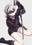  1boy 9s_(nier:automata) 9s_(nier:automata)_(cosplay) androgynous backpack bag bare_legs black_bag black_blindfold black_choker black_footwear black_gloves black_hairband black_shirt black_shorts black_socks blindfold boots chinese_commentary choker collarbone commentary cosplay cruel_oath foot_out_of_frame gloves grey_background hairband highres holding holding_sword holding_weapon ikooto111 katana kneehighs male_focus nier nier:automata nier_(series) nier_(young) ponytail shirt shorts sitting socks solo spiked_hair sword tassel wariza weapon white_hair 