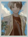  1boy blue_background blurry blurry_foreground border brown_eyes brown_hair brown_jacket closed_mouth cloud curtained_hair grey_border hide_tani highres jacket light_smile long_sleeves looking_at_viewer magami_kyousuke male_focus missing_parts:_the_tantei_stories open_clothes open_jacket plant red_shirt shirt short_hair solo suit_jacket upper_body 