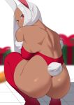  1girl animal_ears ass backless_leotard blurry blurry_background boku_no_hero_academia box breasts from_behind gift gift_box highres kritta88 large_breasts leotard long_hair looking_at_viewer median_furrow mirko parted_bangs parted_lips rabbit_ears rabbit_girl rabbit_tail red_eyes red_leotard red_thighhighs short_eyebrows shoulder_blades solo squatting strapless strapless_leotard tail thighhighs thong_leotard tile_floor tiles white_hair 