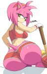 accessory amy_rose anthro big_breasts big_butt breasts butt eulipotyphlan female green_eyes hair hammer headband hedgehog hi_res looking_at_viewer looking_back looking_back_at_viewer mammal pink_body pink_hair sega simple_background solo sonic_the_hedgehog_(series) tail tools white_background yuta_agc