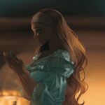  1girl ariel_(disney) blue_dress brown_hair dark_skin disney dress frilled_dress frills from_side frown headband highres holding long_hair medieval off-shoulder_dress off_shoulder okitafuji orange_background princess sad solo sunset the_little_mermaid the_little_mermaid_(2023) wavy_hair 