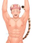  1boy abs animal_ears arms_up bara blush ccccc_(jpn_m0) completely_nude facial_mark highres itadori_yuuji jujutsu_kaisen large_pectorals male_focus muscular muscular_male navel nipples nude open_mouth pectorals pink_hair short_hair simple_background smile solo tail tiger_boy tiger_ears tiger_tail twitter_username upper_body white_background 