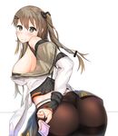  1girl ass auna bangs black_panties blush breasts brown_eyes brown_hair brown_legwear condom condom_hold eyebrows_visible_through_hair fingerless_gloves girls_frontline gloves hair_ornament hairclip k-2_(girls_frontline) leaning_forward long_hair long_sleeves looking_at_viewer medium_breasts miniskirt one_side_up pantyhose side_ponytail sidelocks simple_background skirt smile solo standing thighband_pantyhose thong underwear whale_tail white_background 