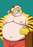 2023 anthro belly big_belly bottomwear bullbluedog christmas christmas_clothing christmas_headwear clothing facial_hair felid hat headgear headwear hi_res holidays kemono male mammal moobs mustache navel nipples overweight overweight_male pantherine pants santa_hat simple_background solo tiger yellow_body