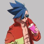  1boy abs aus_vaka bare_pectorals blue_eyes blue_hair cup drinking galo_thymos grey_background hair_over_one_eye highres holding holding_cup jacket looking_at_viewer male_focus mohawk muscular muscular_male open_clothes open_jacket orange_jacket pectorals promare simple_background solo spiked_hair sunglasses upper_body 