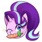  2017 alpha_channel blue_eyes carrot cute disembodied_head equine eyelashes female food friendship_is_magic hair horn icon looking_at_viewer mammal marenlicious multicolored_hair my_little_pony nom one_eye_closed simple_background solo starlight_glimmer_(mlp) transparent_background two_tone_hair unicorn vegetable wink 