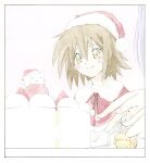  blush brown_eyes brown_hair cake christmas fang food hat highres iro_59 kusakabe_misao lucky_star nyamou santa_costume santa_hat 