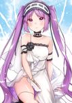  akariko bangs bare_shoulders blush bracelet choker closed_mouth collarbone commentary_request dress euryale eyebrows_visible_through_hair fate/hollow_ataraxia fate_(series) frilled_choker frilled_dress frilled_hairband frills hairband head_tilt highres jewelry long_hair looking_at_viewer purple_eyes purple_hair sitting solo strapless strapless_dress twintails very_long_hair white_choker white_dress 