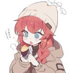  1girl blue_archive blue_eyes blush_stickers braid brown_jacket food halo hat highres holding holding_food hood hood_down hooded_jacket jacket long_hair long_sleeves maki_(blue_archive) maki_(camp)_(blue_archive) official_alternate_costume open_mouth red_hair simple_background solo sweet_potato twin_braids upper_body white_background white_headwear ymm007xx 