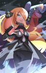  1girl black_jacket black_pants black_shirt blonde_hair breasts cleavage commentary_request cynthia_(pokemon) fangs fur-trimmed_sleeves fur_collar fur_trim garchomp hair_over_one_eye highres inana_umi jacket long_hair motion_blur night open_mouth pants pokemon pokemon_(creature) pokemon_dppt shirt smile snow snowing standing teeth yellow_eyes 