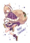  ;q absurdres bell blonde_hair blush capelet christmas commentary_request earmuffs highres holding holding_sack hood looking_at_viewer one_eye_closed pointy_hair purple_footwear purple_skirt sack shan shoes short_hair simple_background skirt snowflakes solo tongue tongue_out touhou toyosatomimi_no_miko white_background yellow_eyes 