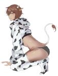  1girl animal_print brown_hair cow_print cow_tail cropped_hoodie d_(3i135) dark-skinned_female dark_skin hood hoodie kneeling limbus_company long_sleeves looking_at_viewer outis_(project_moon) print_hoodie print_thighhighs project_moon short_hair simple_background solo tail thighhighs white_background white_hoodie 