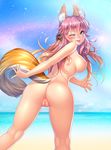  ;p animal_ears anus arm_behind_back ass bangs beach blonde_hair blush breasts day ears_through_headwear eyebrows_visible_through_hair fate/grand_order fate_(series) fox_ears fox_tail from_behind gradient_hair hair_ornament highres kneepits large_breasts long_hair looking_at_viewer looking_back lucknight multicolored_hair nipples nude one_eye_closed outdoors pink_hair pussy sky smile solo strap_gap tail tamamo_(fate)_(all) tamamo_no_mae_(swimsuit_lancer)_(fate) tongue tongue_out yellow_eyes 