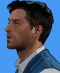  1boy beard_stubble black_hair blue_background blue_eyes castiel derivative_work english_commentary highres male_focus mature_male parted_lips profile rozavay screencap_redraw short_hair simple_background solo supernatural_(tv_series) upper_body 