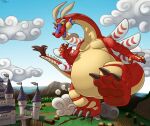 2013 3_toes 4_fingers belly big_belly blue_tongue castle claws cloud dragon feet fingers hi_res long_neck macro mountain nintendo open_mouth overweight scalie sea sky teaselbone the_legend_of_zelda toes tongue valoo water wind_waker wings yellow_sclera