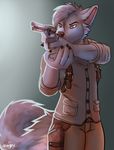  2017 amber_eyes canine clothed clothing fluffy fluffy_tail fully_clothed fur gradient_background grey_fur gun handgun holding_object holding_weapon holster male mammal ranged_weapon revolver sebastian_castellanos simple_background standing the_evil_within video_games weapon zempy3 
