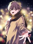  1boy alban_knox brown_hair brown_scarf brown_sweater commentary earrings green_eyes grey_eyes heterochromia highres jewelry long_sleeves male_focus nana72710193 nijisanji nijisanji_en open_mouth ring scarf smile solo sweater symbol-only_commentary virtual_youtuber 