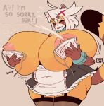 :3 accessory ailurid anthro areola belly big_belly big_breasts black_body black_fur bodily_fluids bra breasts brown_body brown_fur cat_smile clothing dialogue exposed_breasts eyes_closed facial_markings female fur hair hair_accessory head_markings holding_breast huge_breasts huge_thighs hyper hyper_breasts hyper_thighs kiki_(low_res_art) lactating low_res_art maid_uniform mammal markings milk motion_lines nipples orange_body orange_fur overweight overweight_anthro overweight_female red_panda simple_background smile solo sound_effects speech_bubble standing striped_markings striped_tail stripes tail tail_markings text thick_thighs tongue tongue_out underwear uniform wardrobe_malfunction watermark white_body white_fur white_hair