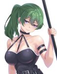  1girl arm_strap bare_shoulders belt black_belt black_choker breasts choker cleavage closed_mouth collarbone green_hair hair_between_eyes high_side_ponytail highres holding holding_staff large_breasts looking_at_viewer purple_eyes simple_background smile solo sousou_no_frieren staff ubel_(sousou_no_frieren) upper_body uyufuzi_s white_background 