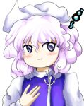  1girl blush hand_up hashtag_only_commentary highres letty_whiterock long_sleeves looking_at_viewer medium_hair parted_lips purple_eyes purple_hair purple_vest simple_background smile solo squeans touhou upper_body vest white_background white_headwear yakumora_n zun_(style) 