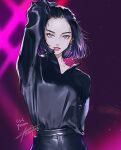  1girl black_hair black_shirt clc_(k-pop_group) earrings english_commentary eyeliner hand_in_own_hair jang_ye-eun jewelry looking_to_the_side makeup pink_lips purple_background red_eyeliner shirt short_hair simple_background solo upper_body yooani 