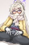  1girl black-framed_eyewear blonde_hair blue_archive blush commentary_request glasses gloves grey_background halo highres jacket kotama_(blue_archive) kotama_(camp)_(blue_archive) long_hair long_sleeves machismo_fuji official_alternate_costume open_clothes open_jacket pantyhose ponytail purple_eyes purple_halo scarf semi-rimless_eyewear simple_background sitting skirt spread_legs spread_pussy_under_clothes steaming_body sweat white_background yellow_jacket 