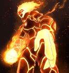  1boy absurdres alien arms_at_sides ben_10 brown_background embers facing_to_the_side feet_out_of_frame fewer_digits fiery_hair fire flaming_hand foreshortening from_below from_side glowing heatblast highres hollow_body legs_apart male_focus open_hand solo standing thirdphp 