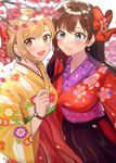  :d aiba_yumi bangs black_hakama blonde_hair blue_eyes blurry blush bow breasts brown_eyes brown_hair depth_of_field earrings floral_print flower_earrings hair_bow hakama hand_up highres ichinose_shiki idolmaster idolmaster_cinderella_girls japanese_clothes jewelry kimono lips long_hair looking_at_viewer medium_breasts motion_blur multiple_girls open_mouth parted_lips petals red_bow red_hakama red_kimono sash short_hair simple_background single_sidelock smile tareme tomato_omurice_melon tree_branch upper_body watch white_background wristwatch yellow_kimono 