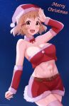  1girl absurdres belt blonde_hair breasts detached_sleeves fur_collar fur_trim hair_ornament hairclip hand_on_own_forehead highres large_breasts looking_at_viewer merry_christmas mitamory navel open_mouth red_shorts santa_costume senki_zesshou_symphogear short_hair shorts sky smile solo star_(sky) starry_sky tachibana_hibiki_(symphogear) thighhighs toned white_thighhighs yellow_eyes zettai_ryouiki 