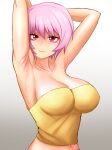  1girl armpit_focus armpits arms_behind_head arms_up bare_shoulders breasts cleavage closed_mouth collarbone crop_top gradient_background hair_between_eyes highres higurashi_no_naku_koro_ni impossible_clothes large_breasts long_bangs looking_at_viewer mamiya_rina midriff minorchara narrow_waist navel pink_hair pink_lips posing presenting_armpit red_eyes short_hair sidelocks simple_background skin_tight sleeveless smile solo strapless white_background 