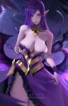  1girl artist_name bare_arms breasts chain cleavage closed_mouth cowboy_shot dress frilled_dress frills hand_up highres large_breasts league_of_legends long_hair morgana_(league_of_legends) pink_eyes pink_lips pointy_ears purple_dress purple_hair rached simple_background solo standing web_address wings 