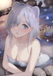  1girl animal_ears arknights aurora_(arknights) bear_ears blue_eyes blush breasts cleavage commentary_request food highres ice_cream kozeni_isari large_breasts looking_at_viewer naked_towel onsen open_mouth partially_submerged short_hair solo spoon towel tray water white_hair 