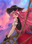  1girl black_gloves blue_eyes blurry_foreground breasts facial_scar fate/grand_order fate_(series) francis_drake_(fate) from_behind gloves hat highres large_breasts ocean pink_hair pirate_hat rope scar ship sunset teshima_nari watercraft 