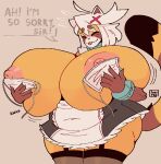 :3 accessory ailurid anthro areola belly big_belly big_breasts black_body black_fur bra breasts brown_body brown_fur cat_smile clothing dialogue exposed_breasts eyes_closed facial_markings female fur hair hair_accessory head_markings holding_breast huge_breasts huge_thighs hyper hyper_breasts hyper_thighs kiki_(low_res_art) low_res_art maid_uniform mammal markings motion_lines nipples orange_body orange_fur overweight overweight_anthro overweight_female red_panda simple_background smile solo sound_effects speech_bubble standing striped_markings striped_tail stripes tail tail_markings text thick_thighs tongue tongue_out underwear uniform wardrobe_malfunction watermark white_body white_fur white_hair