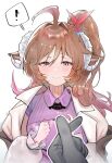  ! 1girl 1other absurdres ahoge animal_ears arknights blush breasts brown_hair closed_mouth collared_shirt elsi eyjafjalla_(arknights) eyjafjalla_the_hvit_aska_(arknights) finger_heart gloves grey_gloves hair_between_eyes hair_intakes half-closed_eyes hands_up highres horns jacket long_hair long_sleeves medium_breasts one_side_up open_clothes open_jacket puffy_long_sleeves puffy_sleeves purple_shirt red_eyes sheep_ears sheep_girl sheep_horns shirt simple_background spoken_exclamation_mark upper_body white_background white_jacket 