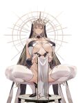  1girl absurdres bare_shoulders blush breasts cleavage crown dress halo highres hiiragi_yuuichi large_breasts light_brown_hair long_hair looking_at_viewer original parted_lips pelvic_curtain red_eyes solo spread_legs squatting thighhighs very_long_hair white_background 