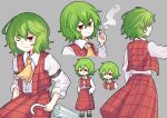  1girl cigarette expressionless green_hair grey_background highres holding holding_cigarette holding_umbrella jacket kazami_yuuka looking_at_viewer multiple_views plaid plaid_jacket plaid_skirt red_eyes red_jacket red_skirt shirt skirt smile smoking solo touhou umbrella white_shirt yimudesu 